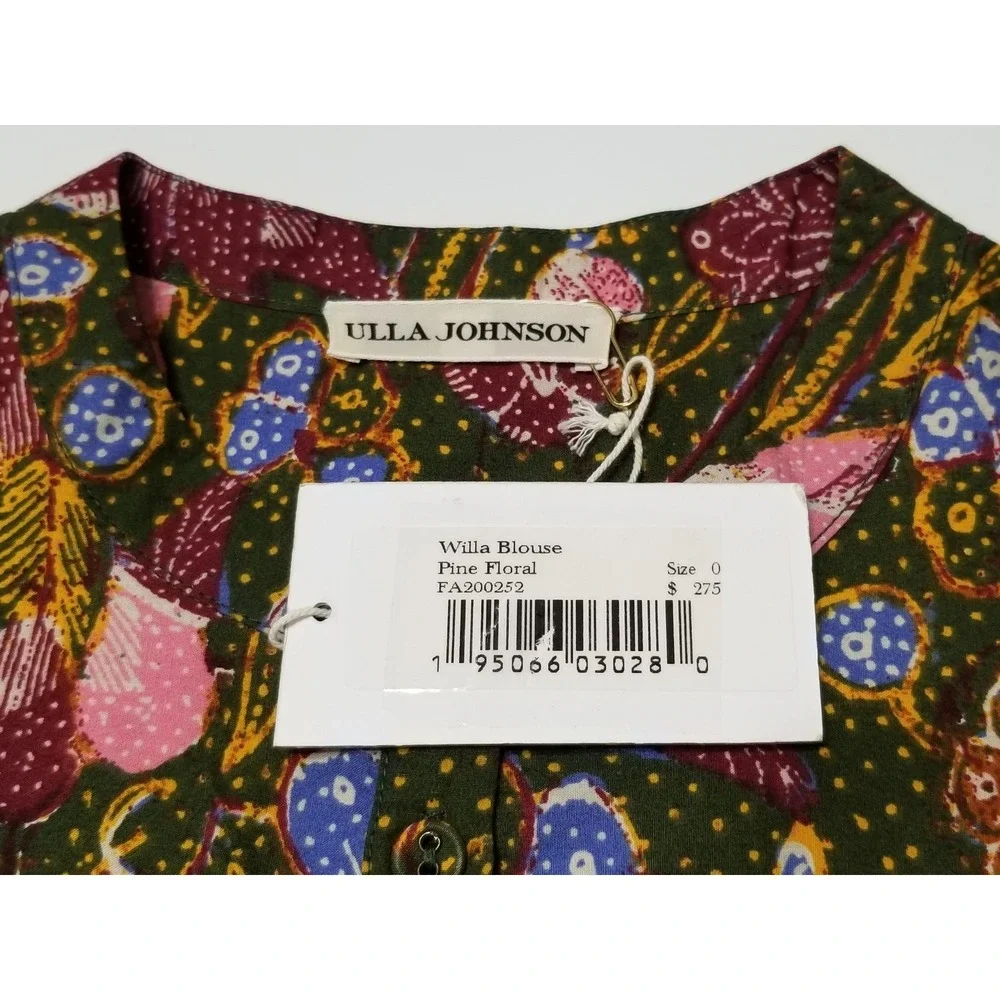 Ulla Johnson Willa Puff Sleeve 100% Cotton Blouse Pine Green Floral Size 0 $275